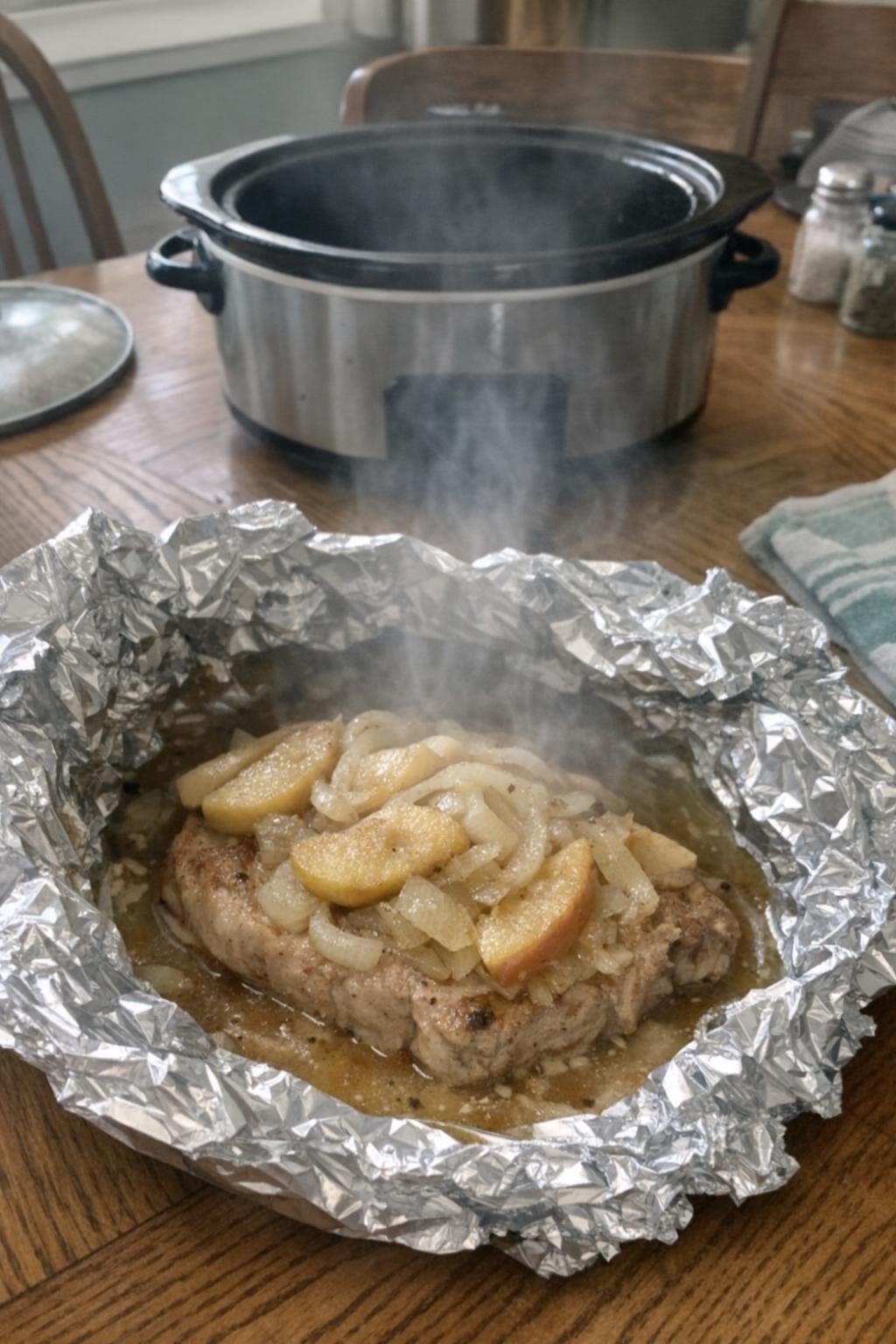 Foil-wrapped pork chops with apples and onions