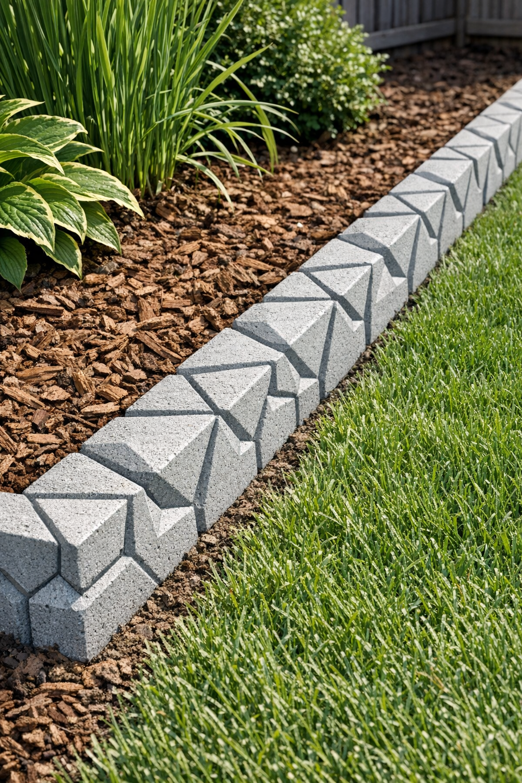 Finished geometric cement yard borders installed along a garden bed