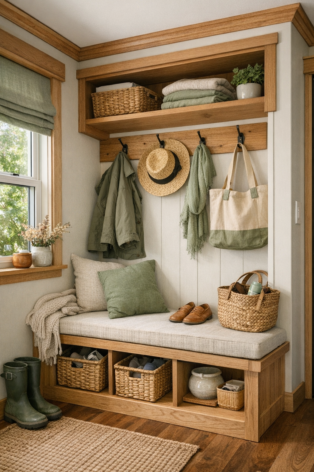 Practical craftsman entry and built-in nook with warm wood details and simple storage