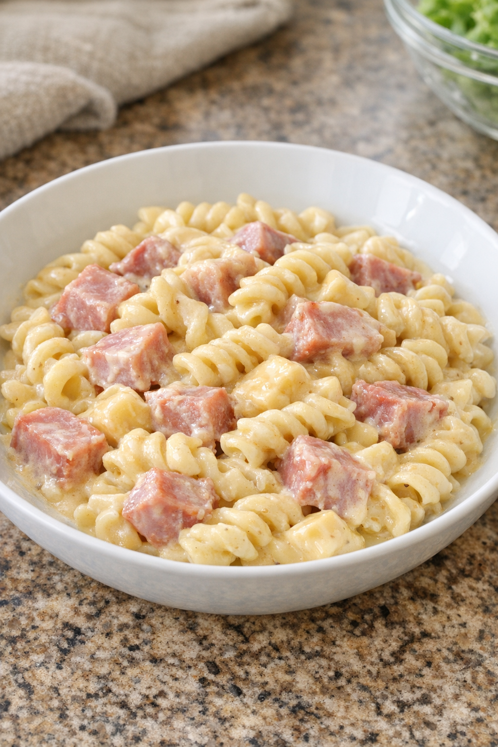 Creamy ham pasta plated in a bowl