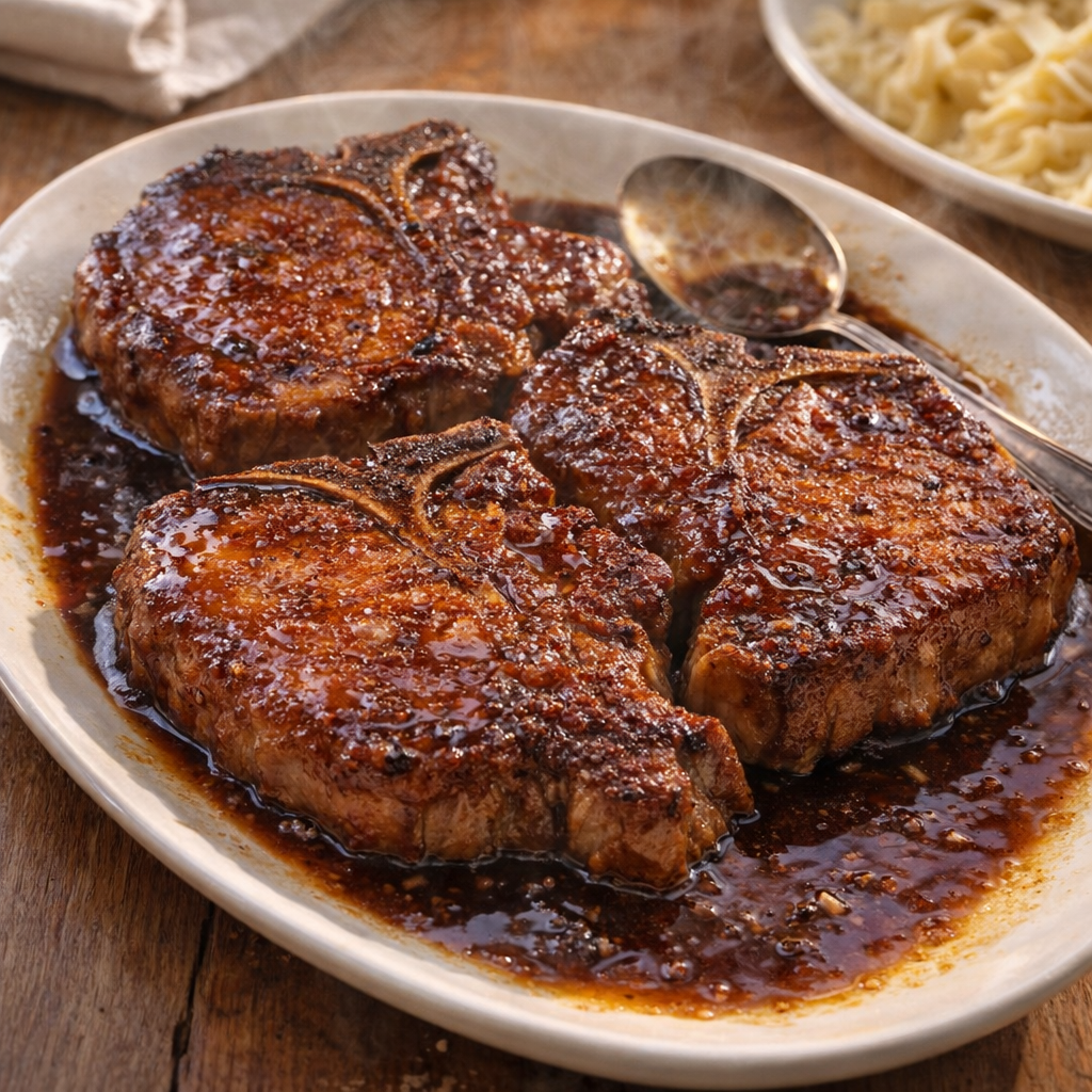 Finished pork chops on a platter with sauce spooned over top