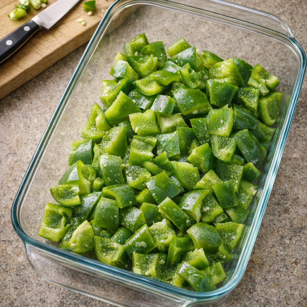 Sliced green bell peppers layered in a glass baking dish