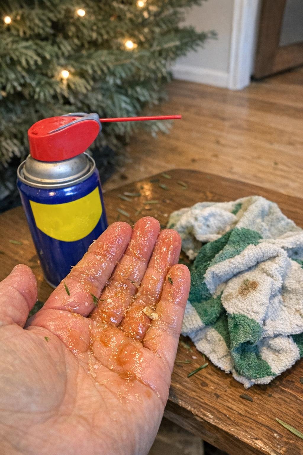 WD-40 removing pine sap from sticky hands and a household surface