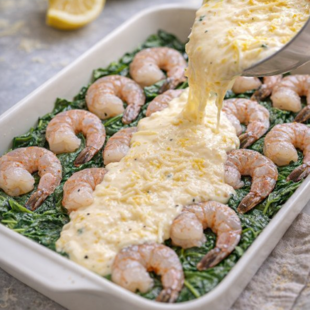 Unbaked shrimp gratin ready for the oven