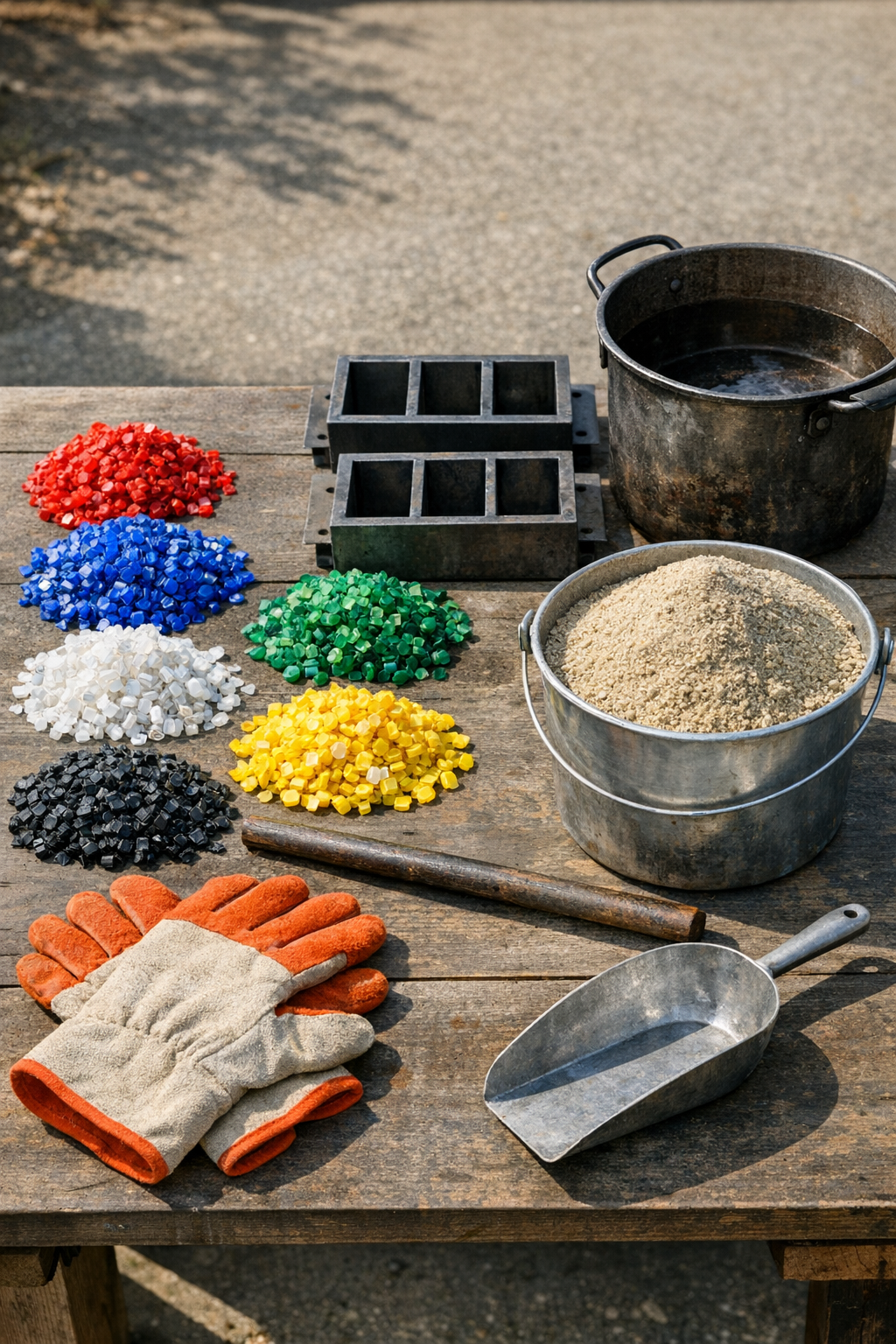 Crushed plastic bottle caps, sand, molds, and basic tools laid out on a work surface