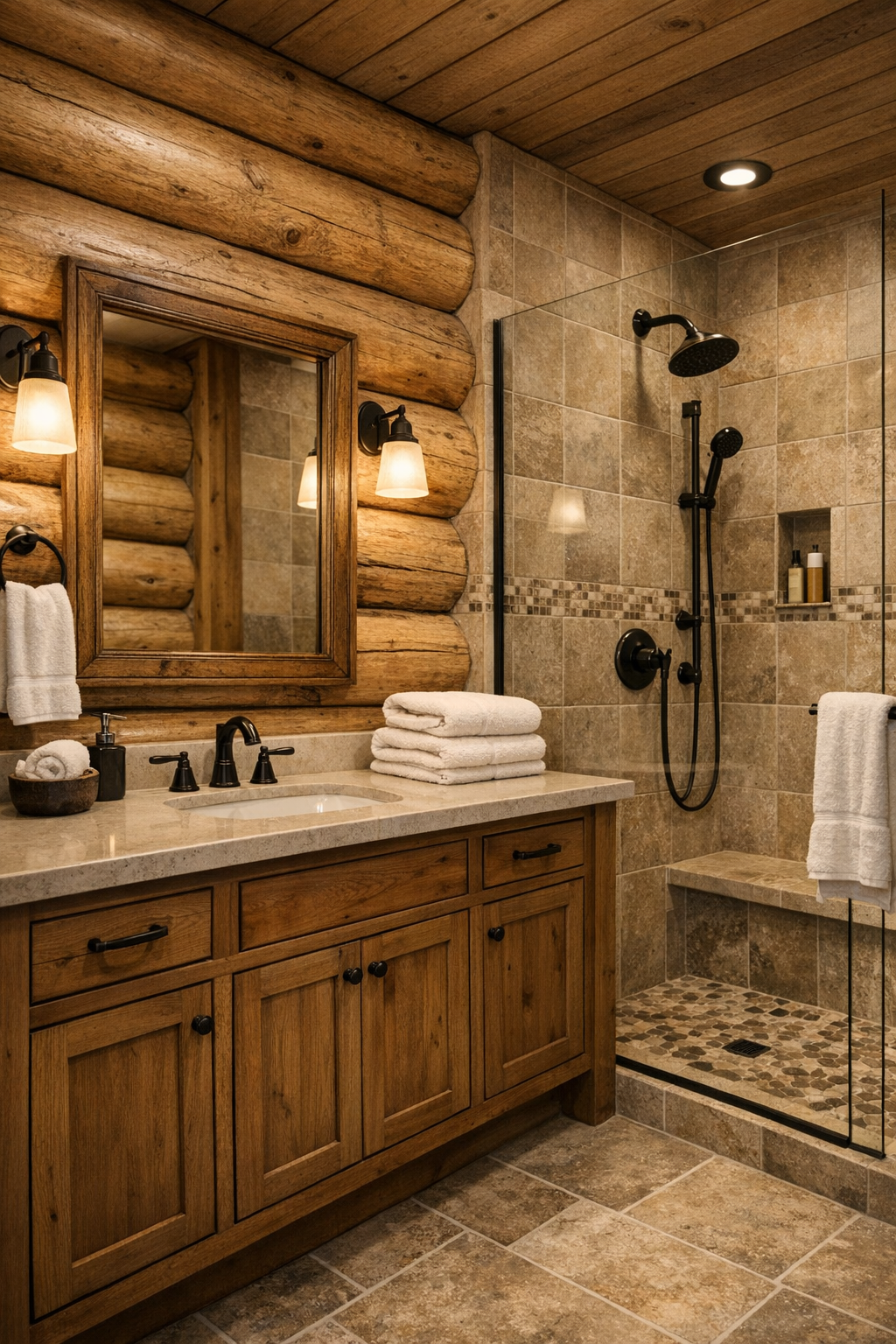 Bathroom with a wood vanity, light stone surfaces, and a walk-in shower