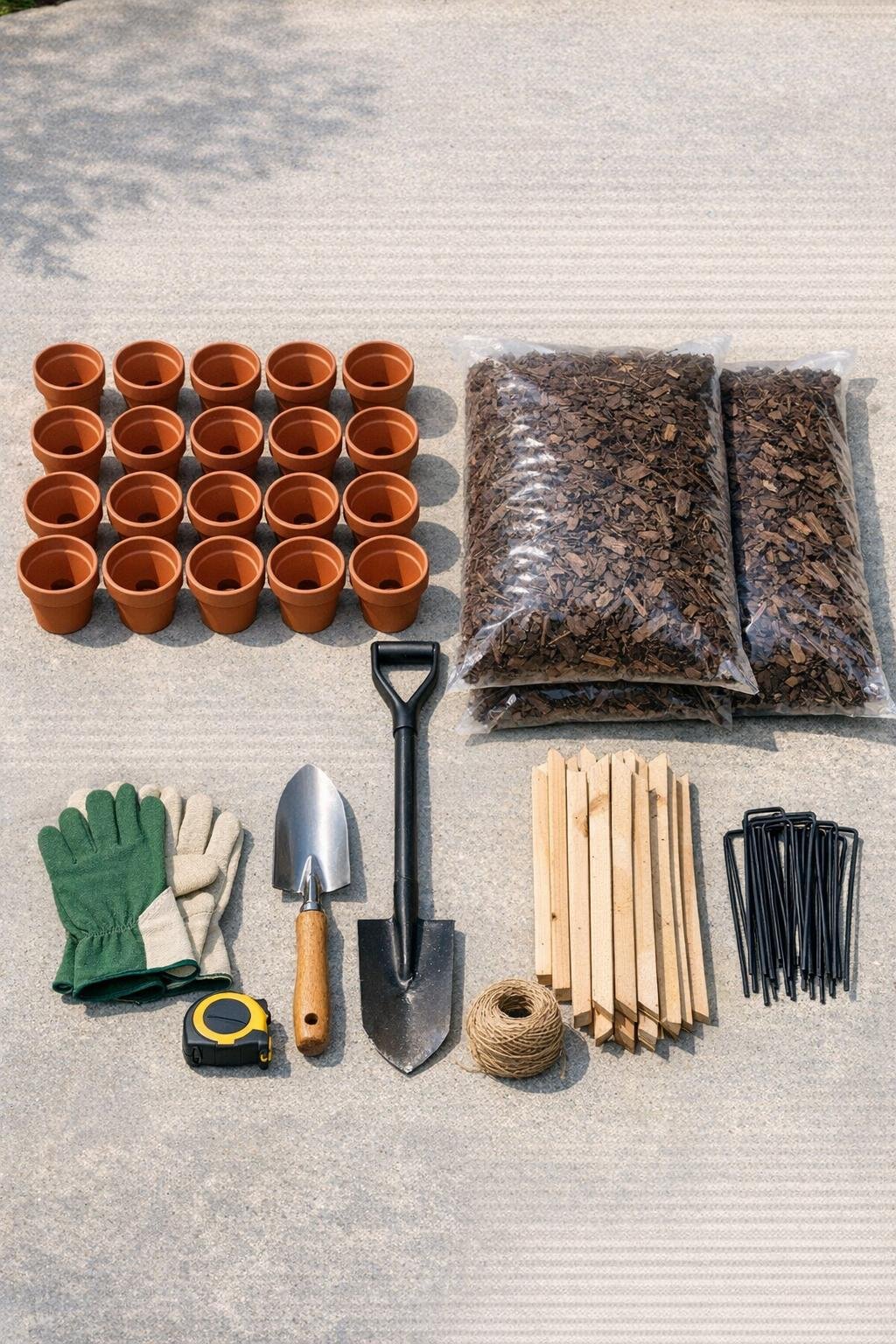 Terracotta pots, mulch, landscape fabric pins, gloves, string, and hand tools laid out for the project