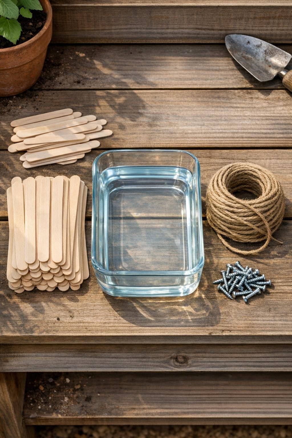 Wooden popsicle sticks, twine, and small screws laid out on a potting bench