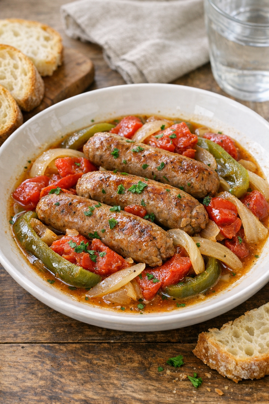 Finished slow cooker Italian sausage with peppers and tomatoes