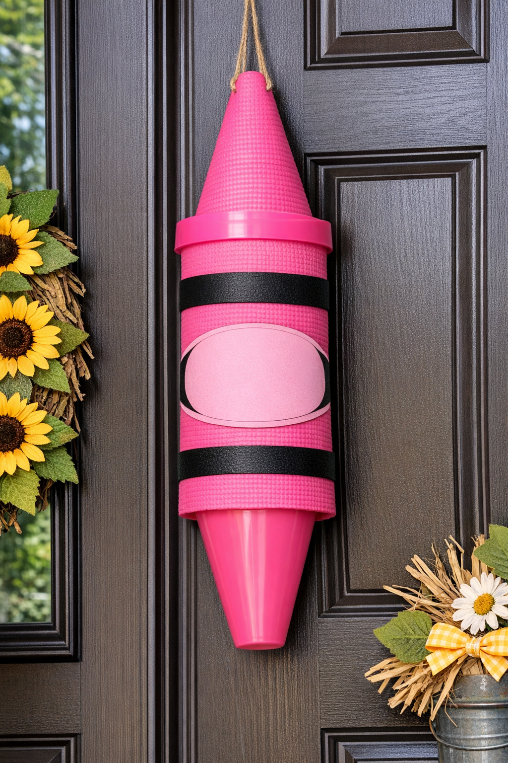 Finished giant pink crayon back-to-school front door hanger