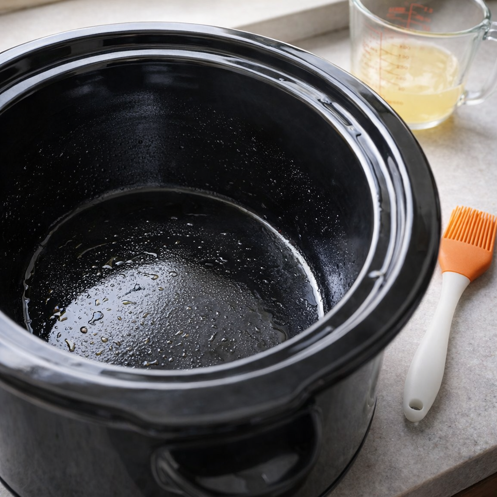 Greased slow cooker insert ready for cake batter
