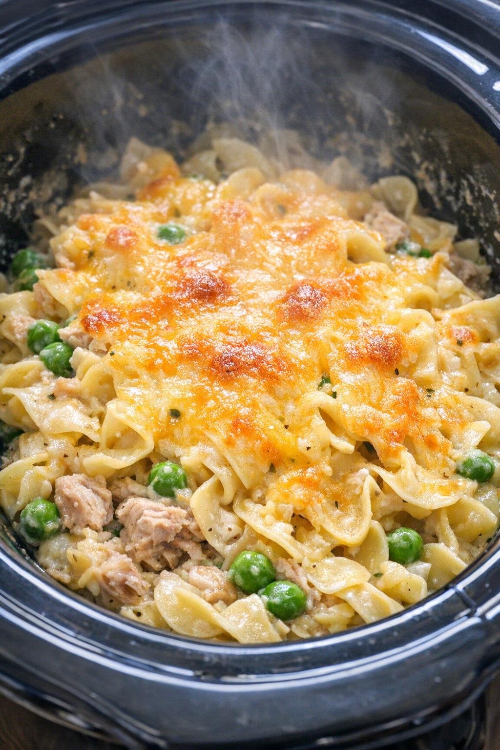 Slow cooker tuna noodle casserole in a black crock