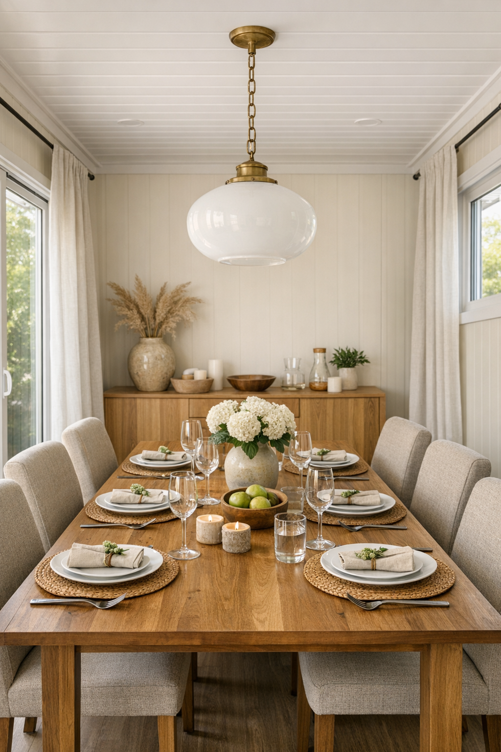Warm dining room with a wood table, upholstered chairs, and soft pendant lighting