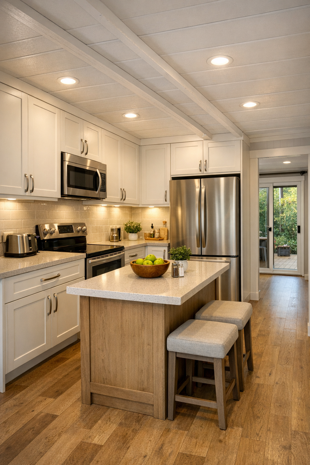 Warm white kitchen with pale quartz counters, wide walkways, under-cabinet lighting, and a compact island
