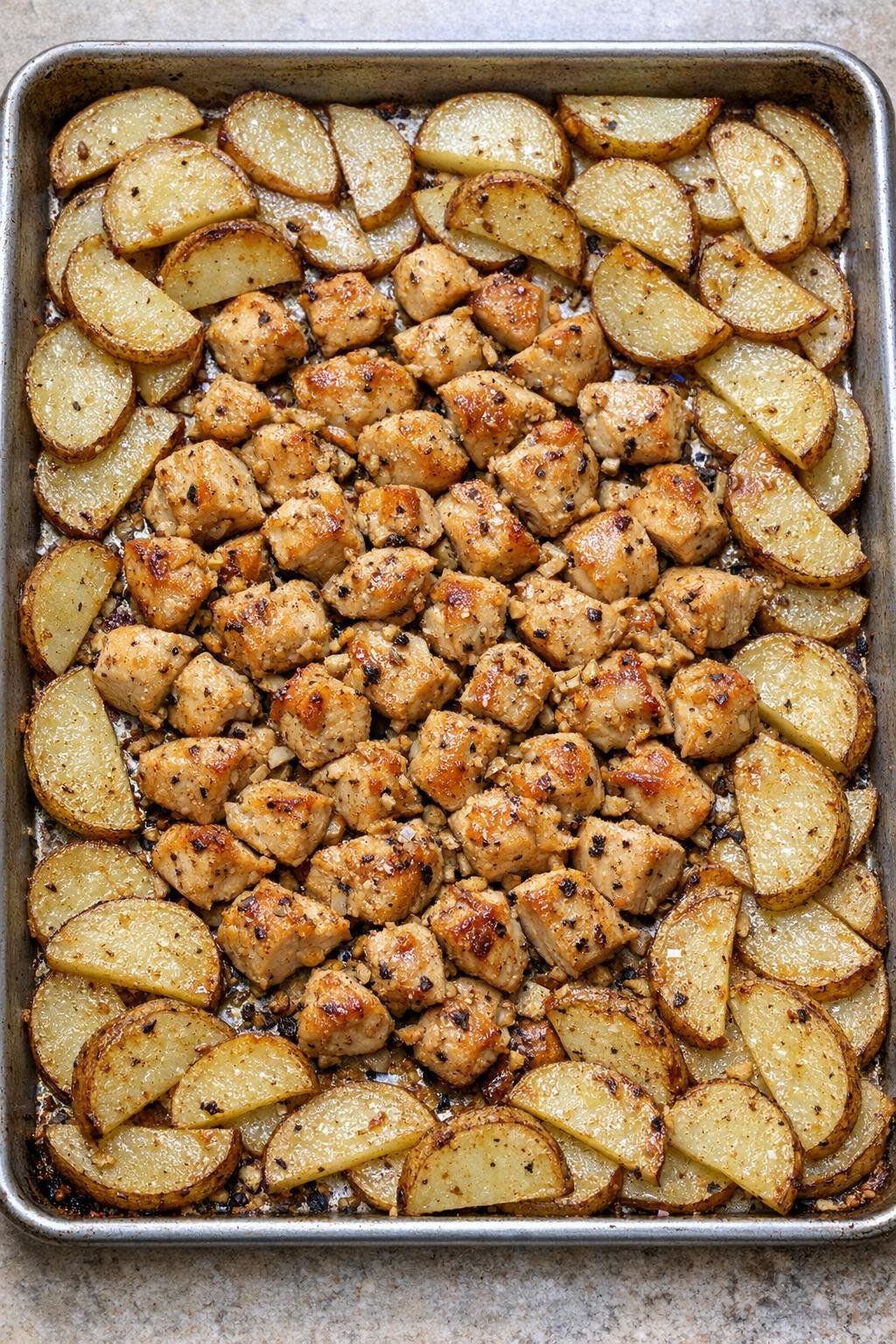 Finished baked diced chicken on a sheet pan