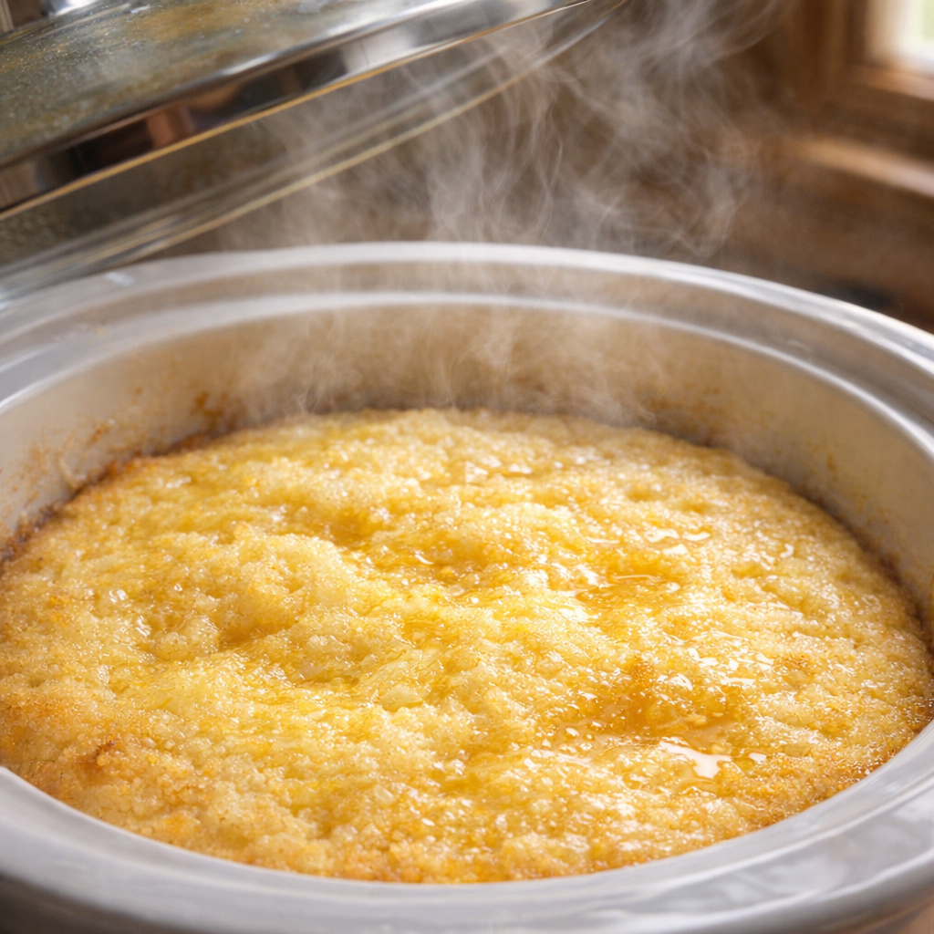 Freshly cooked lemon cake inside the slow cooker