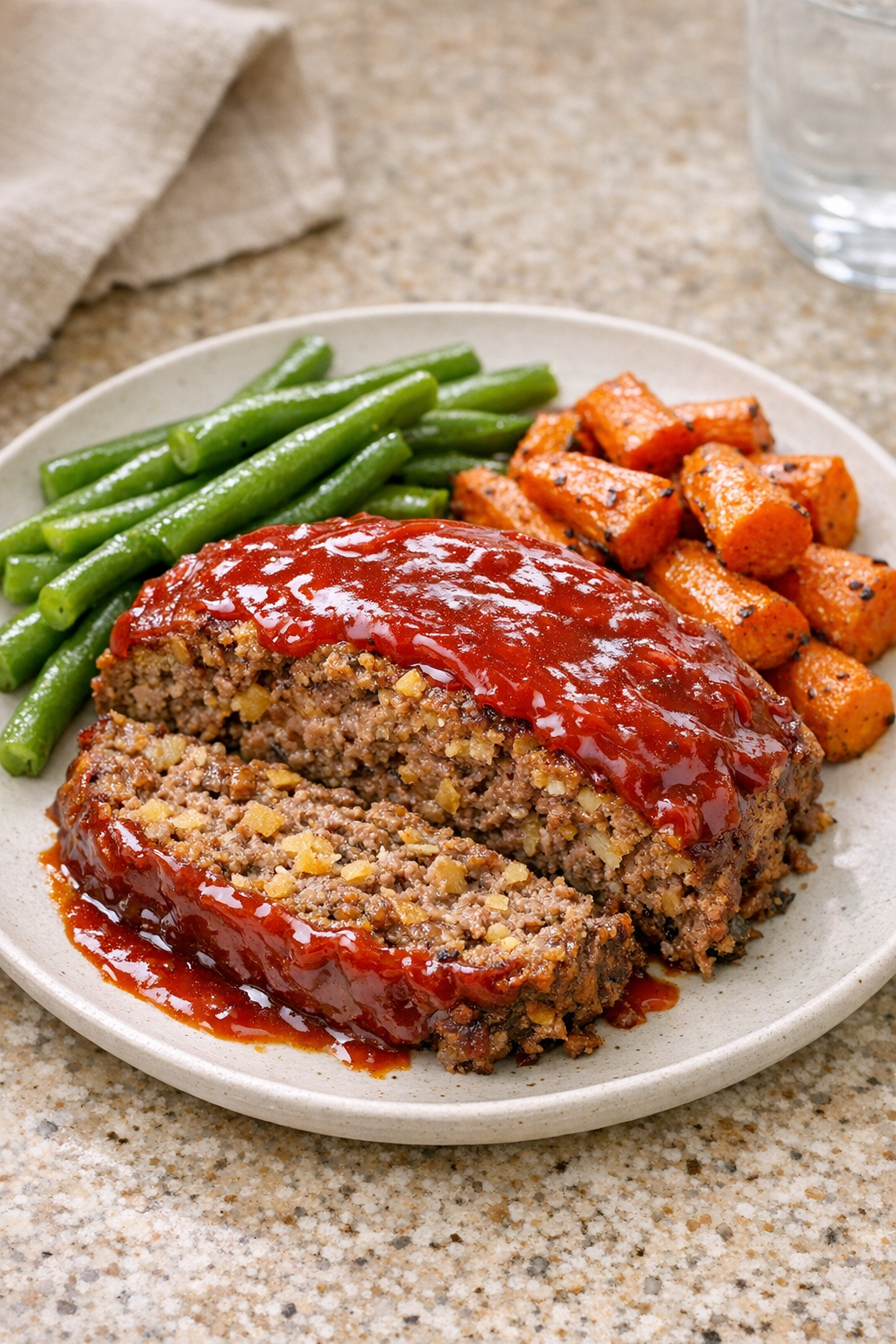Finished slow cooker potato chip meatloaf plated for dinner