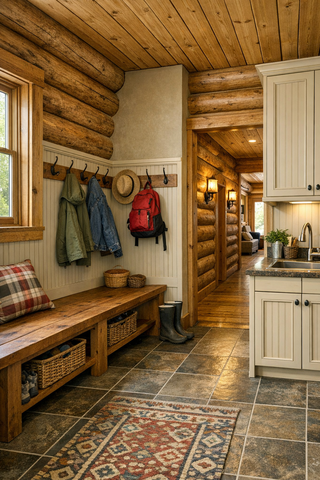 Charming log home entry and mudroom area with practical rustic details