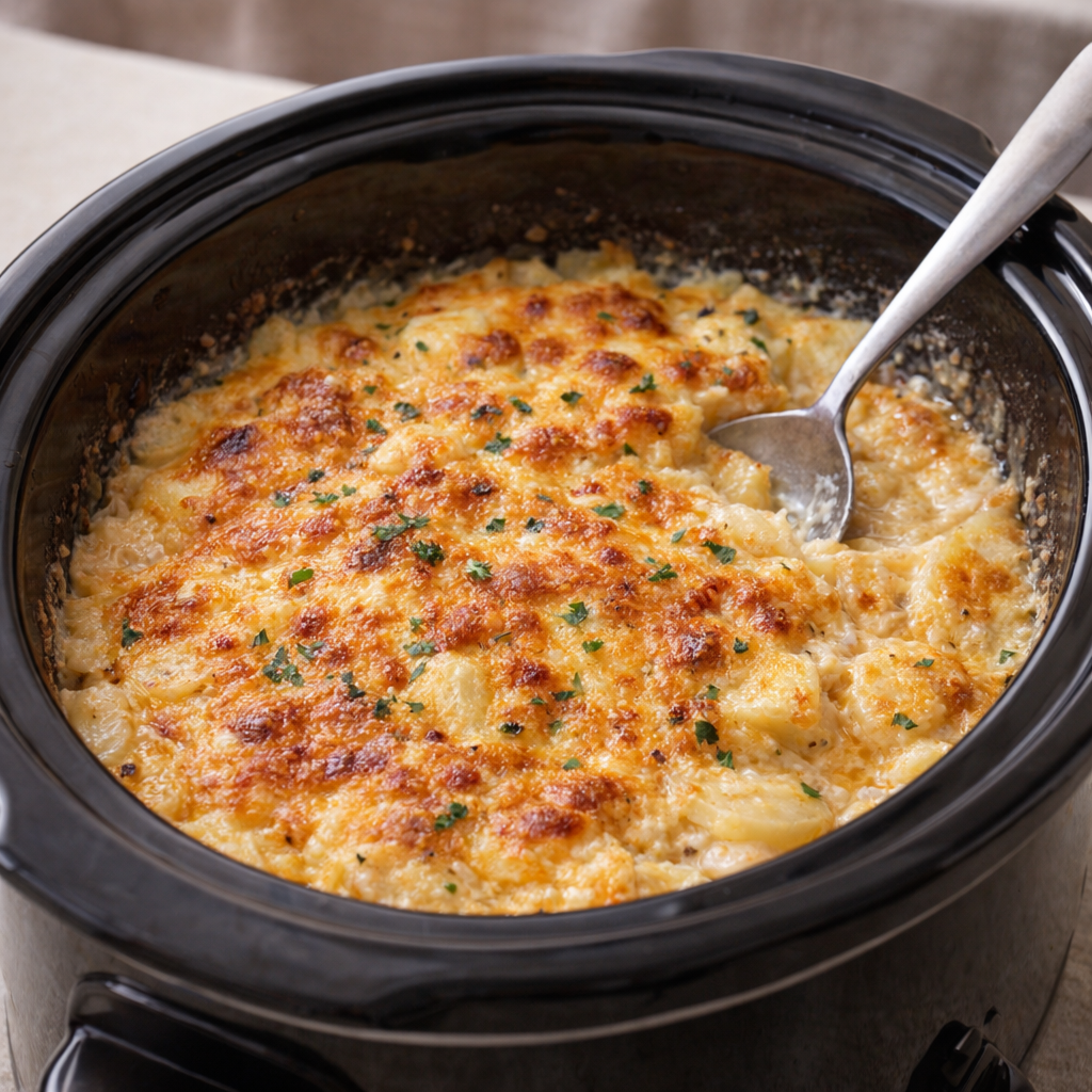 Slow cooker cheesy potatoes fresh from a church potluck