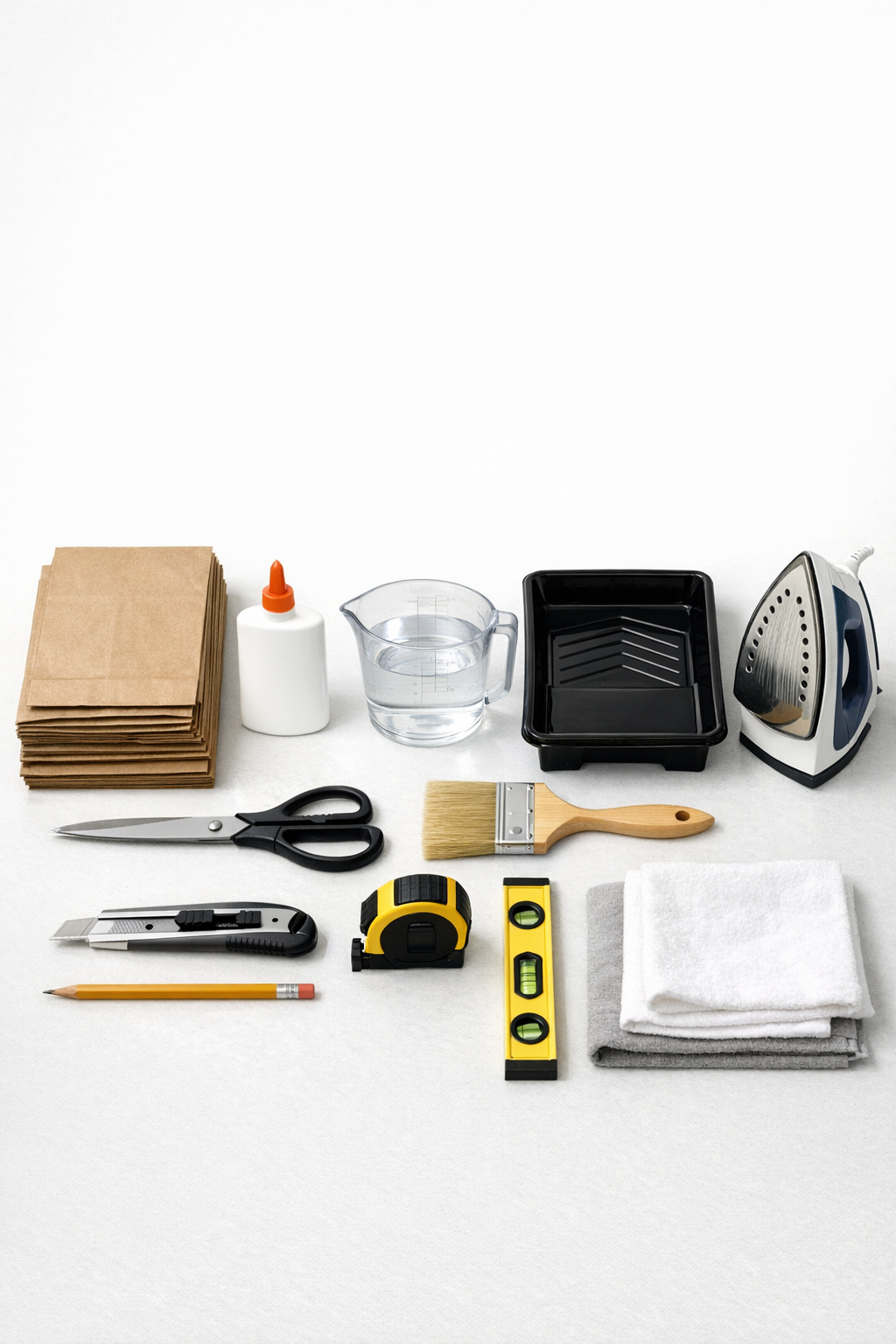 Brown paper lunch bags, white glue, water, brush, tray, iron, and basic wall prep tools laid out together