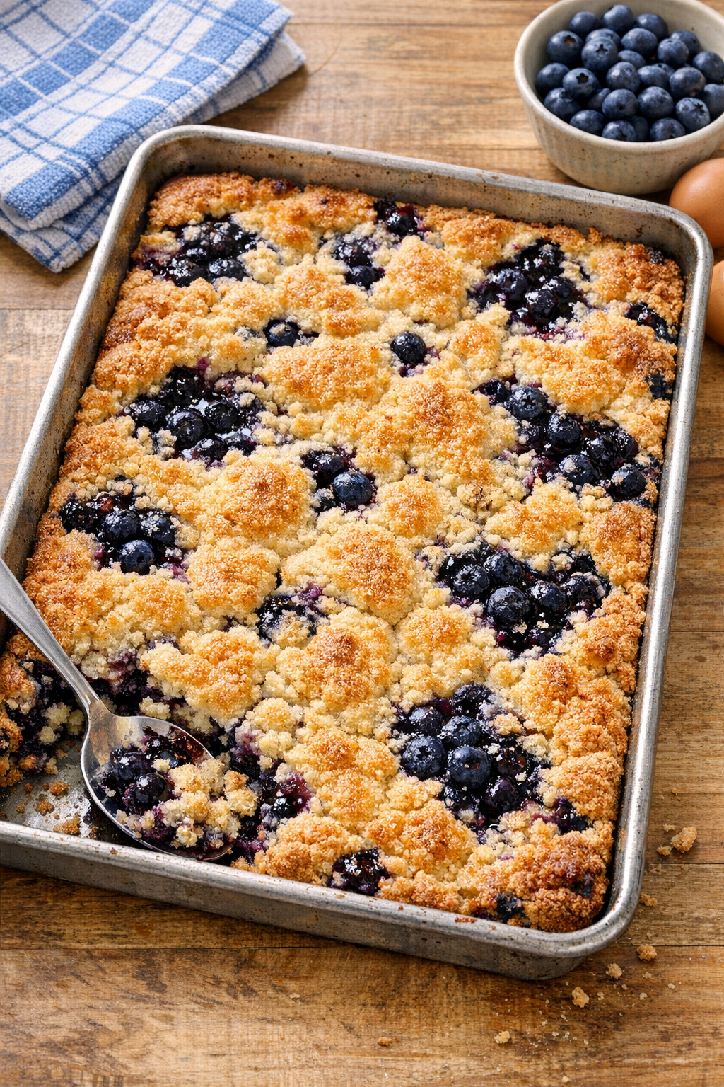 Finished blueberry dessert in a sheet pan