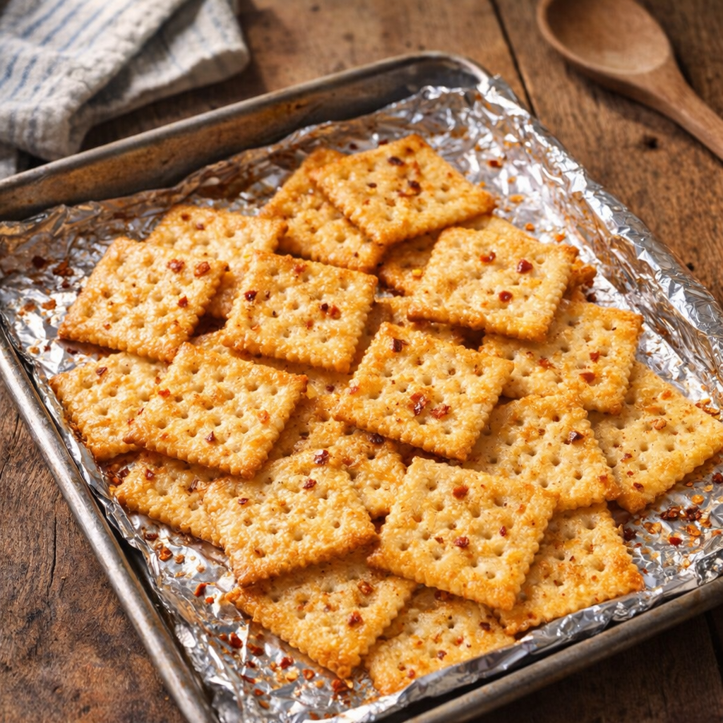 Tray of spicy saltines fresh from the oven