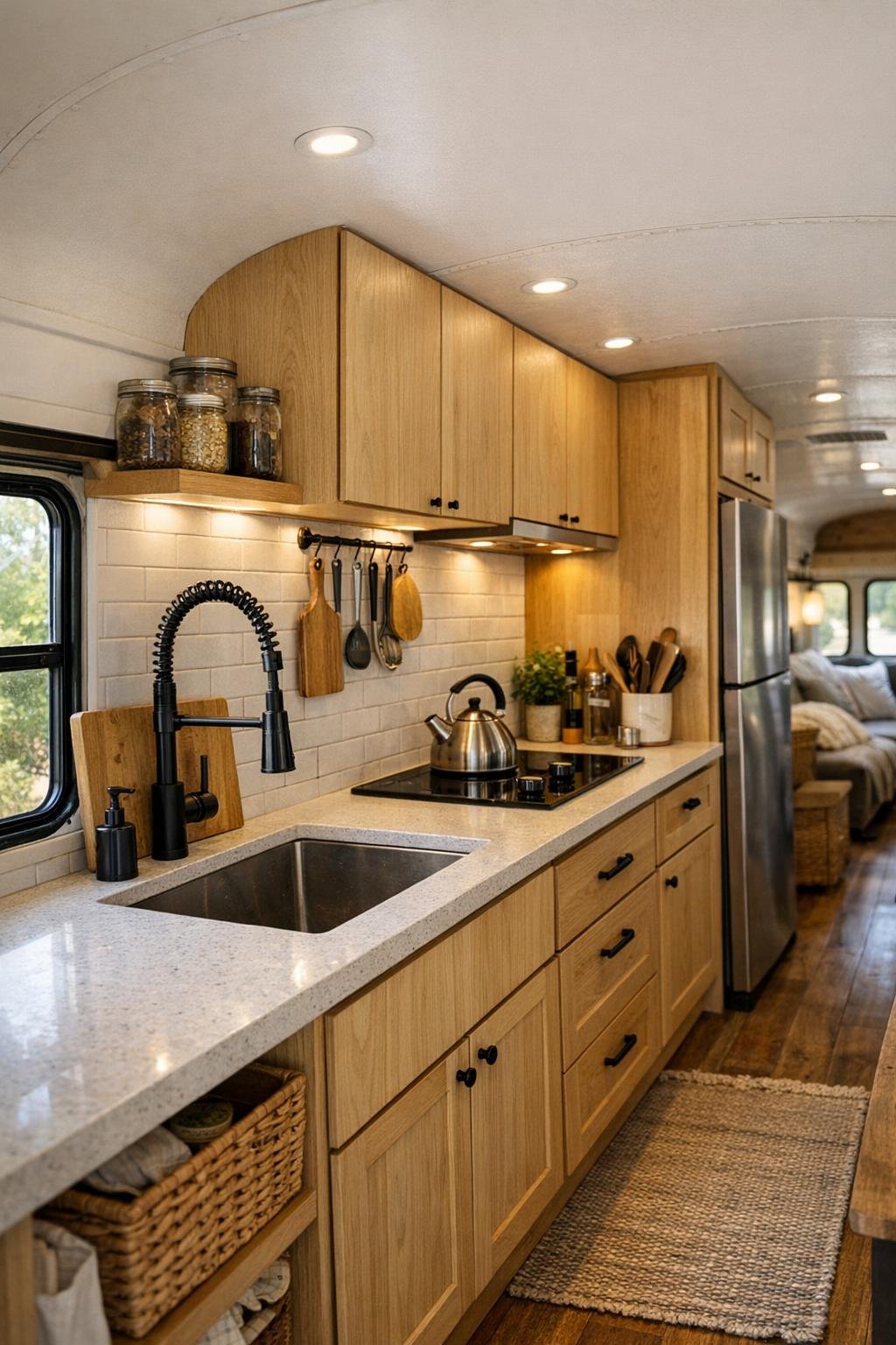 Galley kitchen in a converted bus with pale oak cabinets and a light countertop