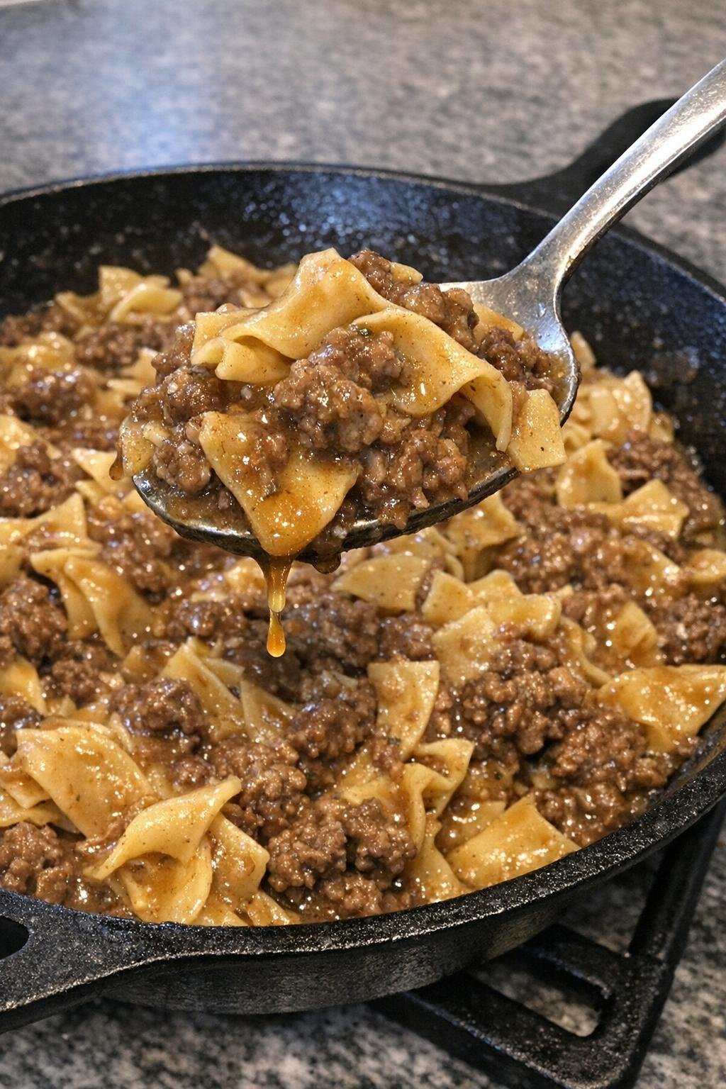 Ground beef and egg noodles in brown gravy in a cast iron skillet