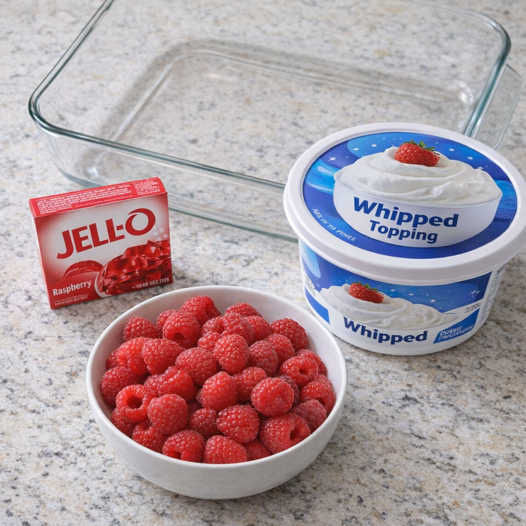 Ingredients for raspberry fluff arranged on a kitchen counter