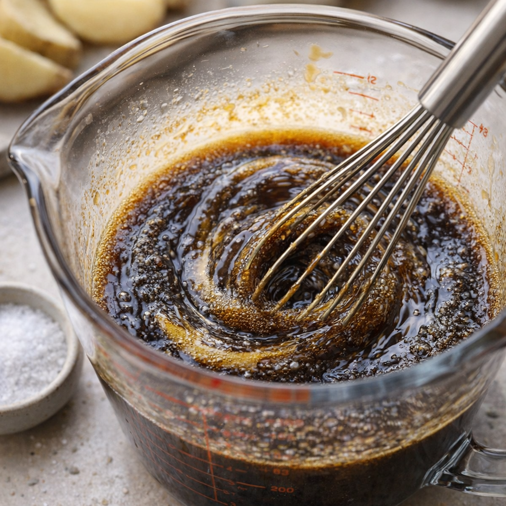 Molasses and melted butter being whisked in a measuring cup