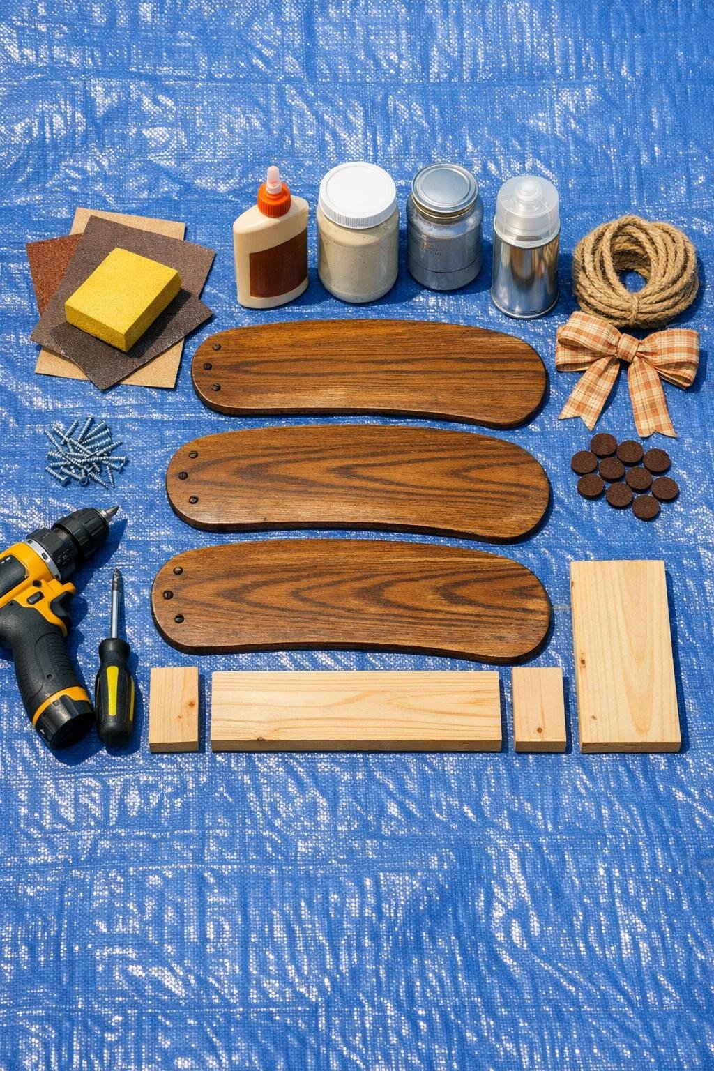 Materials laid out for a ceiling fan blade trough centerpiece