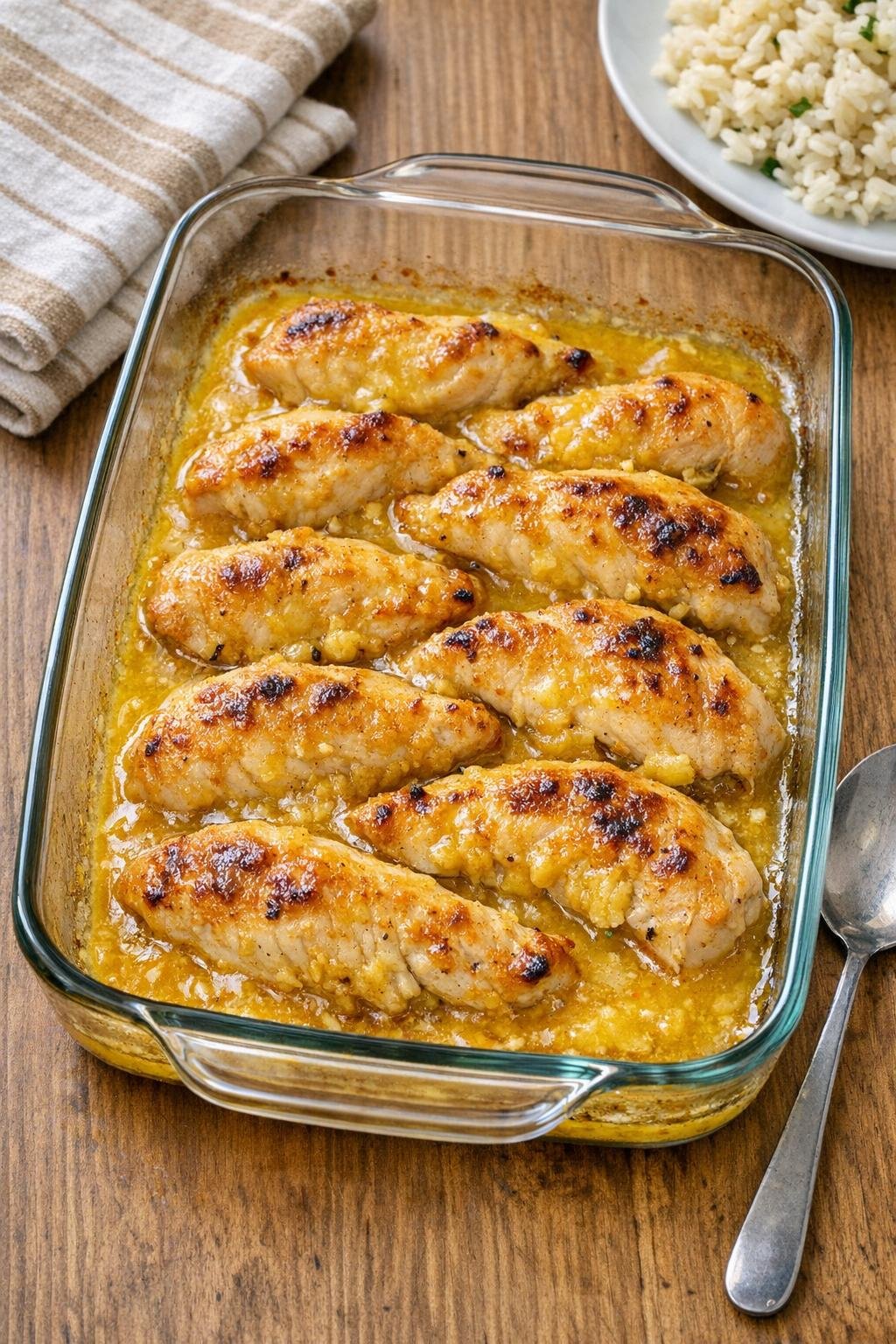 Finished baked chicken tenderloins in yellow sauce