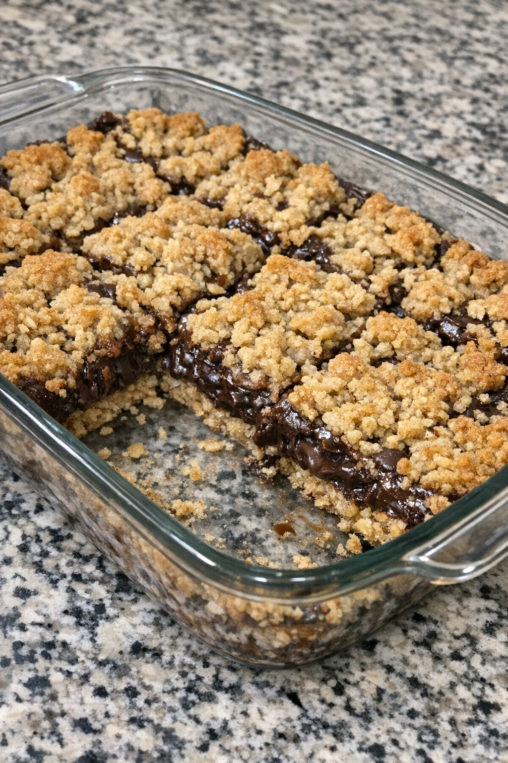 3-ingredient oatmeal fudge bars in a glass casserole dish