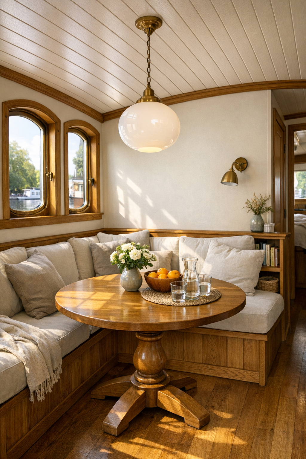 Cozy dining area on a Dutch barge with a round wood table, banquette seating, and soft brass lighting