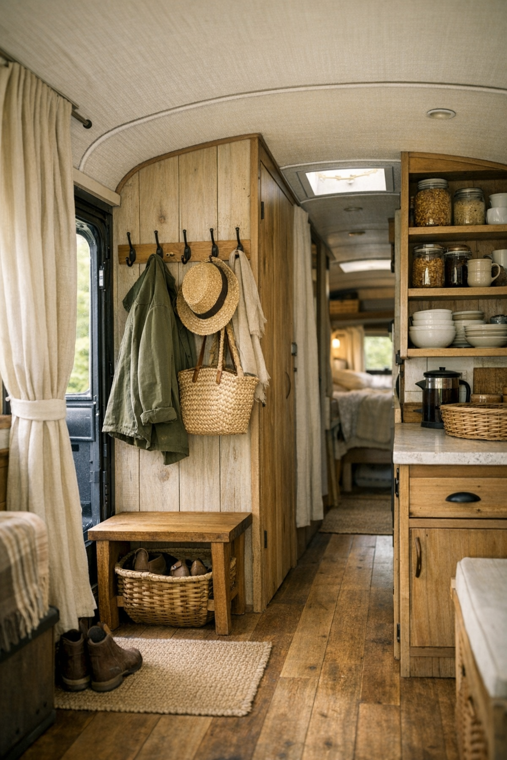 Functional transition area inside a converted bus with storage hooks, bench seating, shelving, and homestead details