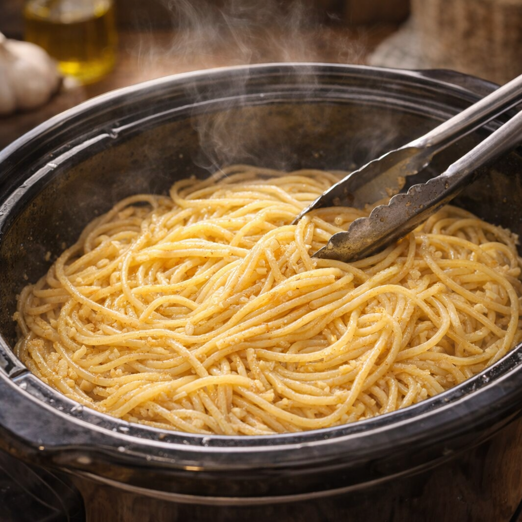 Finished garlic spaghetti glistening in the crock