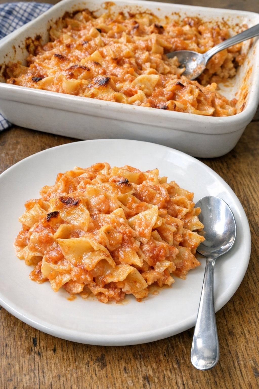 Baked tomato noodle casserole served in a simple dish