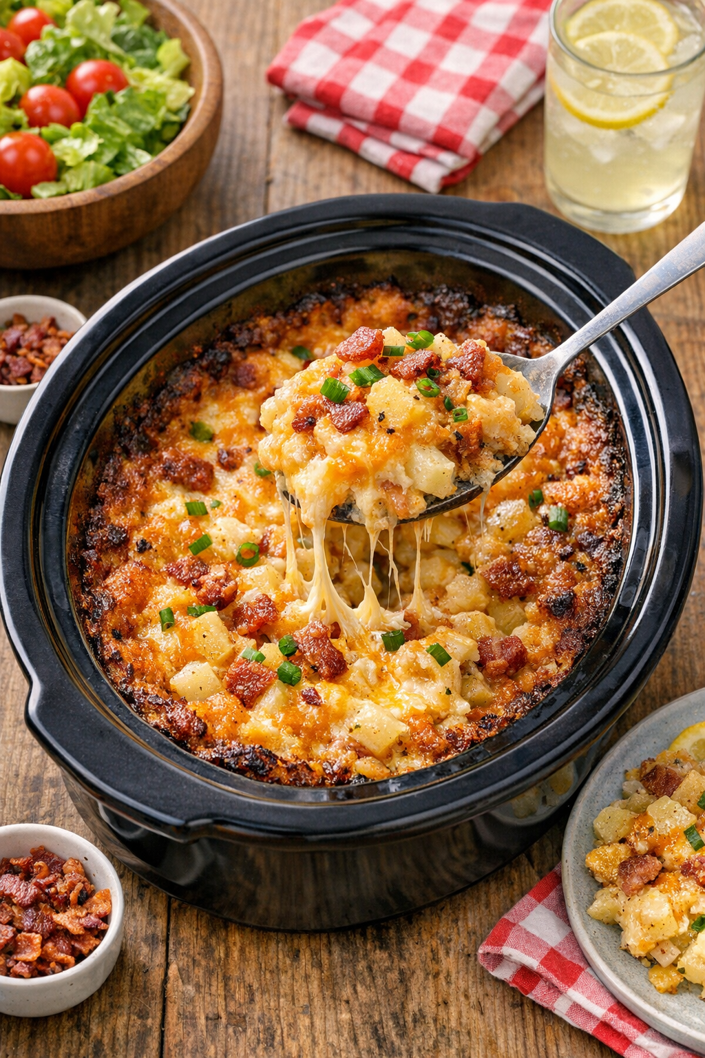 Finished cheesy hash brown casserole in slow cooker