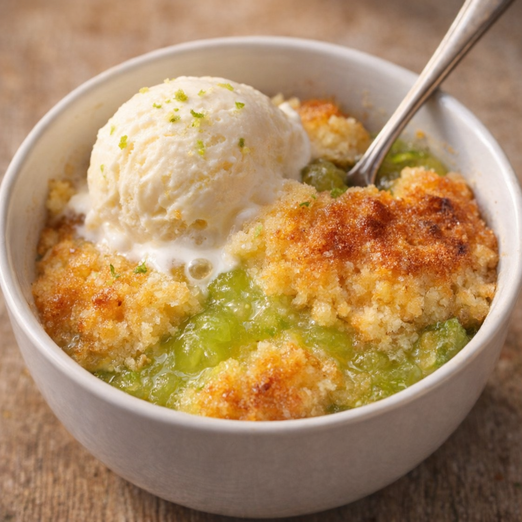 Bowl of key lime cobbler with melting ice cream