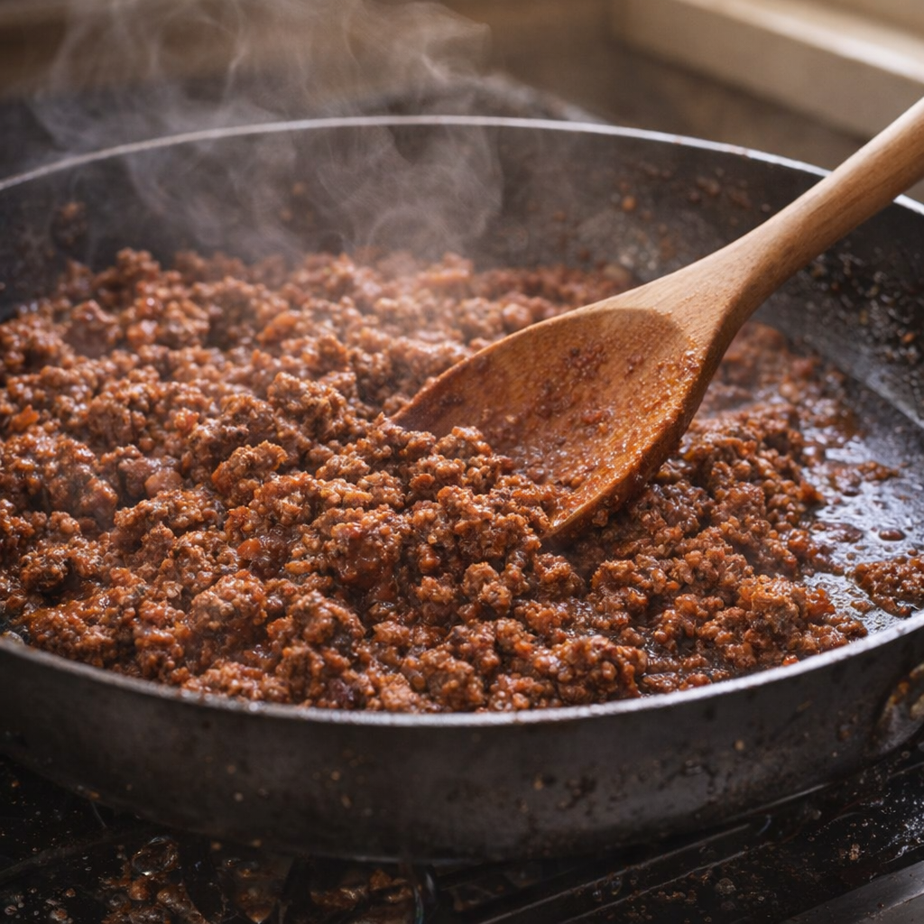 Ground beef browning in a skillet with sauce