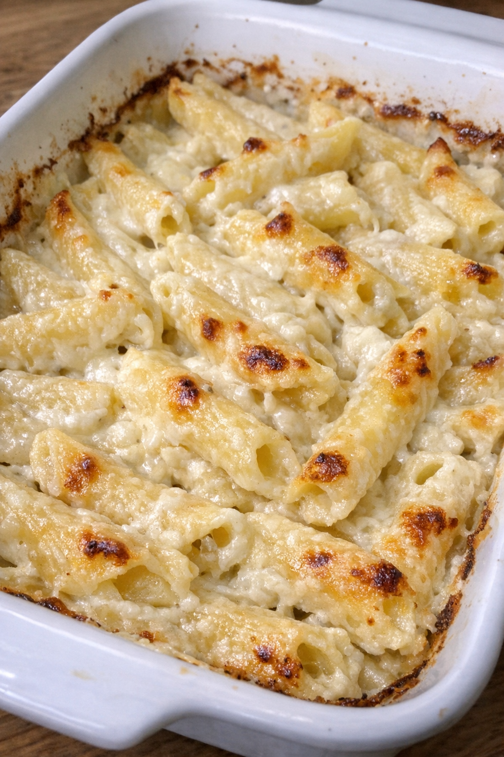 Creamy baked penne in a white casserole dish