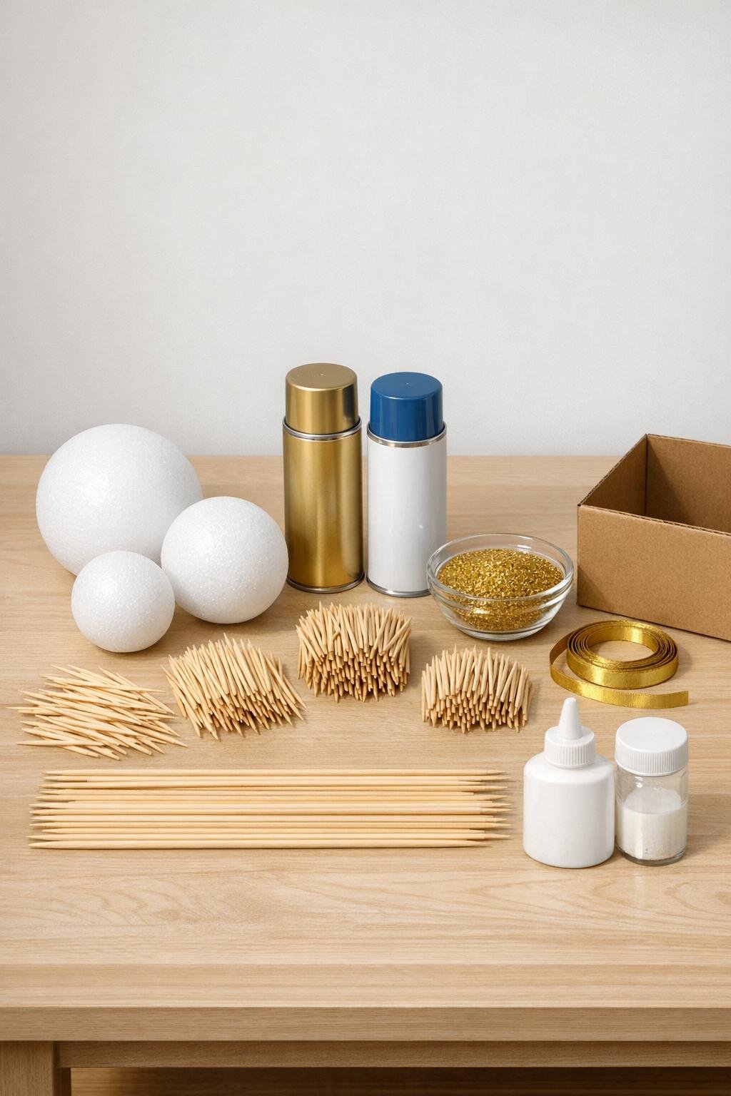 Materials for making toothpick starburst ornaments laid out on a table