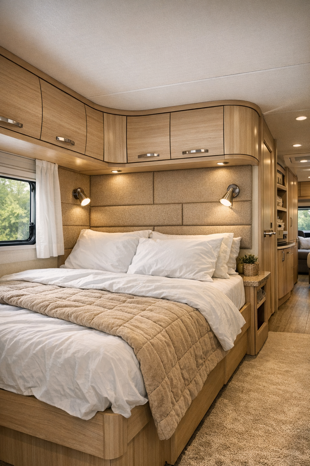 Cozy RV bedroom with flax upholstered panels and built-in storage