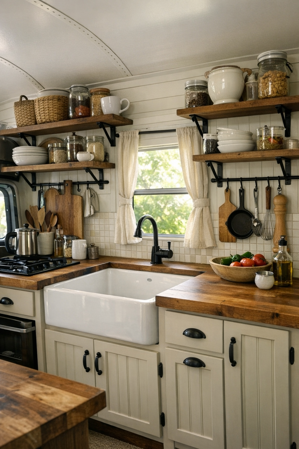 Compact rustic bus kitchen with butcher-block counters, beadboard cabinets, and farmhouse sink