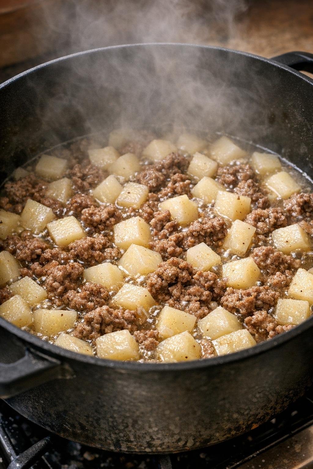 Potatoes simmering with beef in broth in a black pot