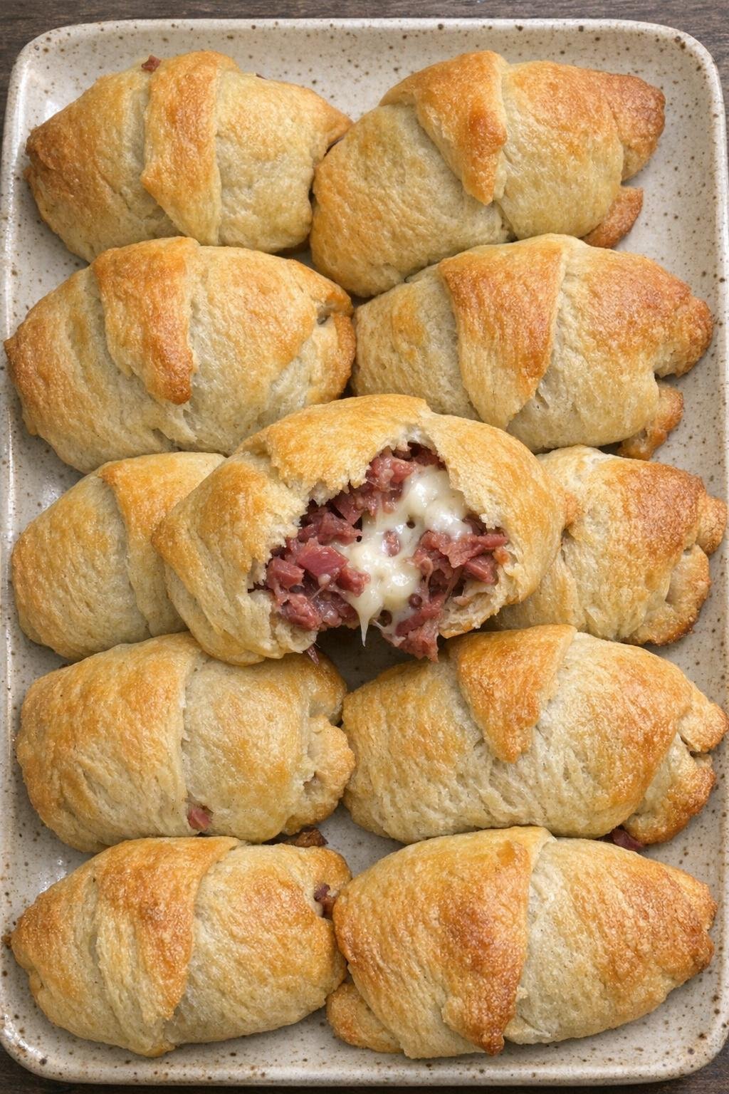 Golden crescent bundles with corned beef and queso blanco on a stoneware platter