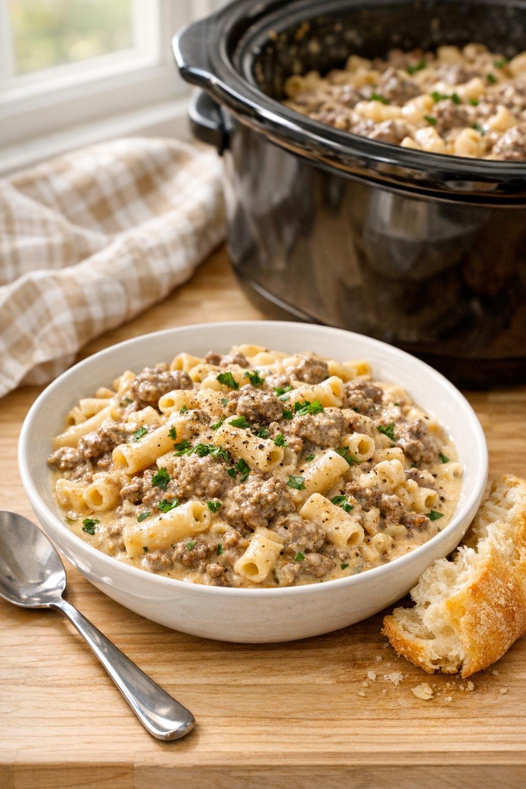 Finished creamy beef supper plated in a bowl