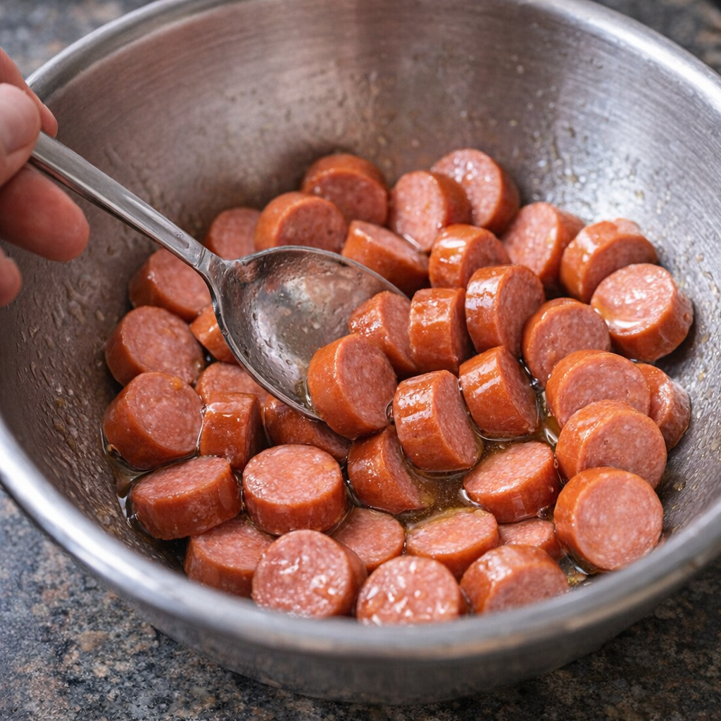 Sliced hot dogs being tossed with oil in a mixing bowl