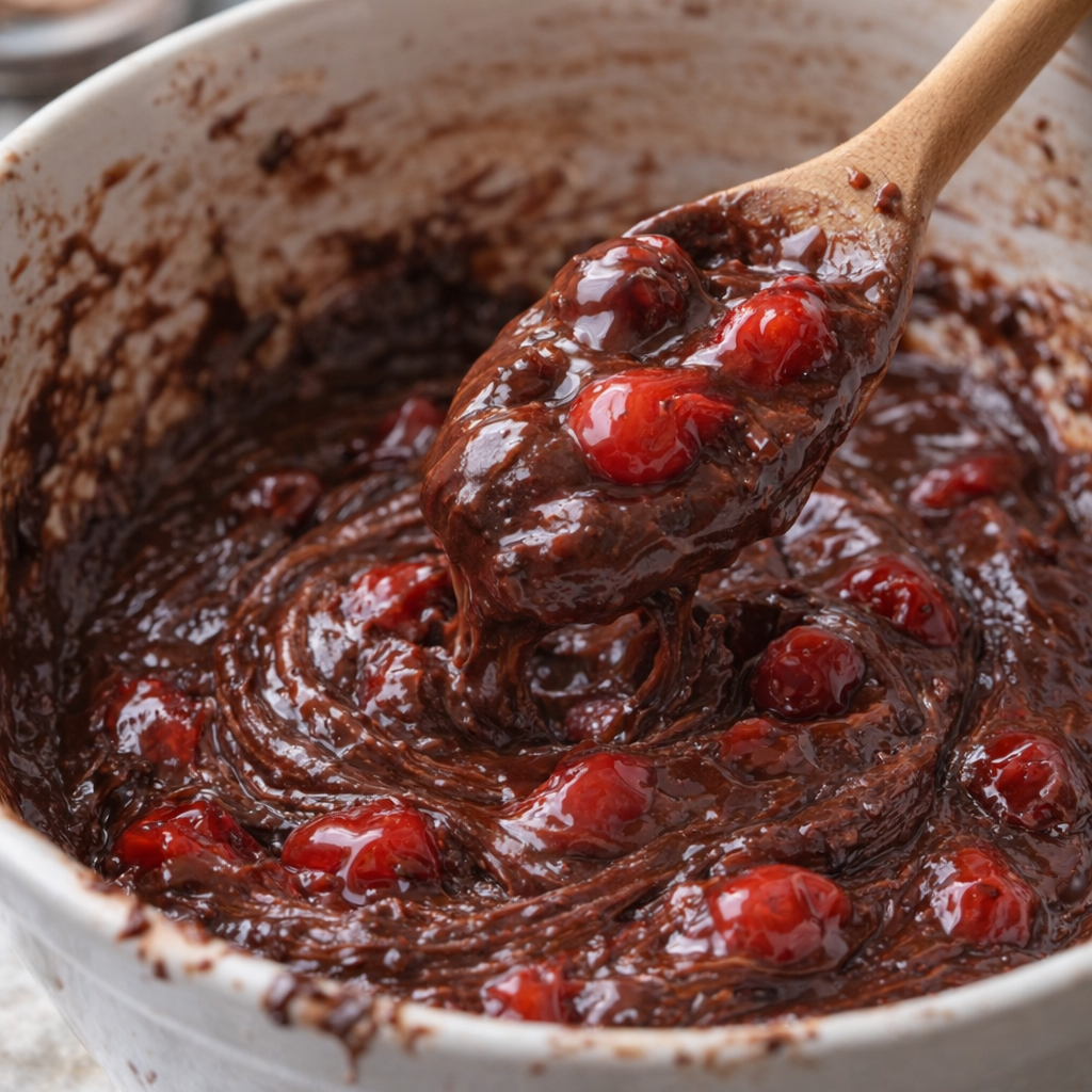 Thick chocolate cherry batter being mixed in a bowl with a wooden spoon