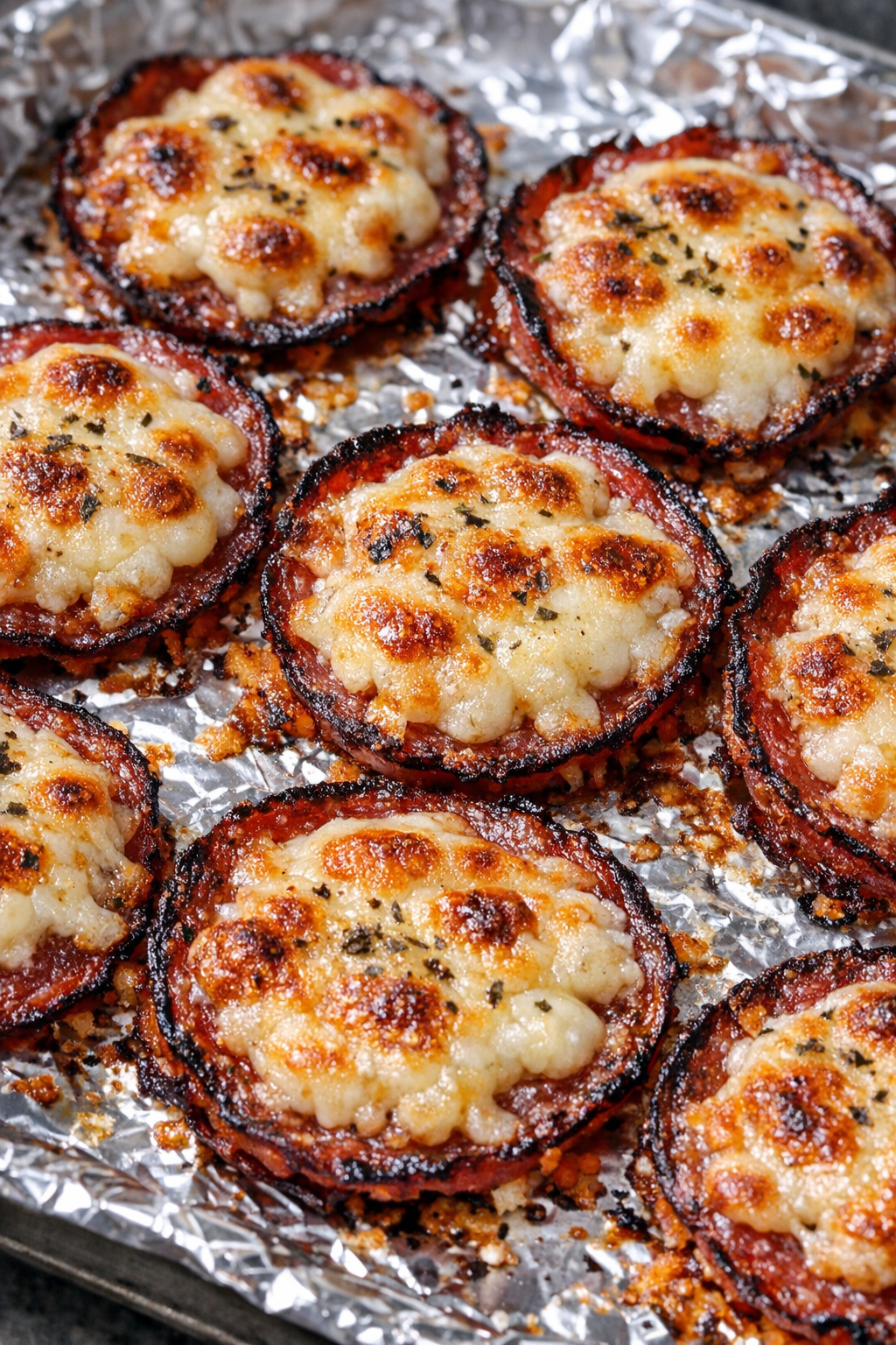 Finished salami mozzarella crisps fresh from the oven